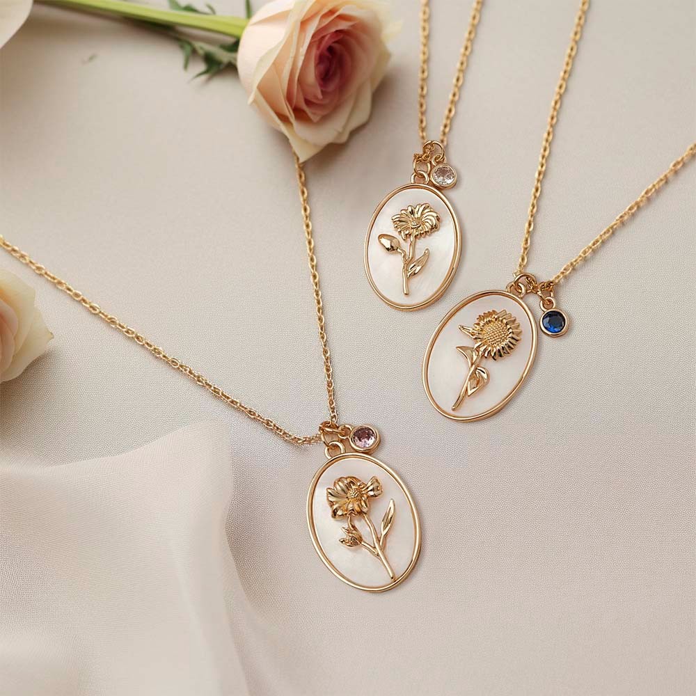 Custom Birth Flower Necklace with Birthstone Charm, Gold Filled Oval ...