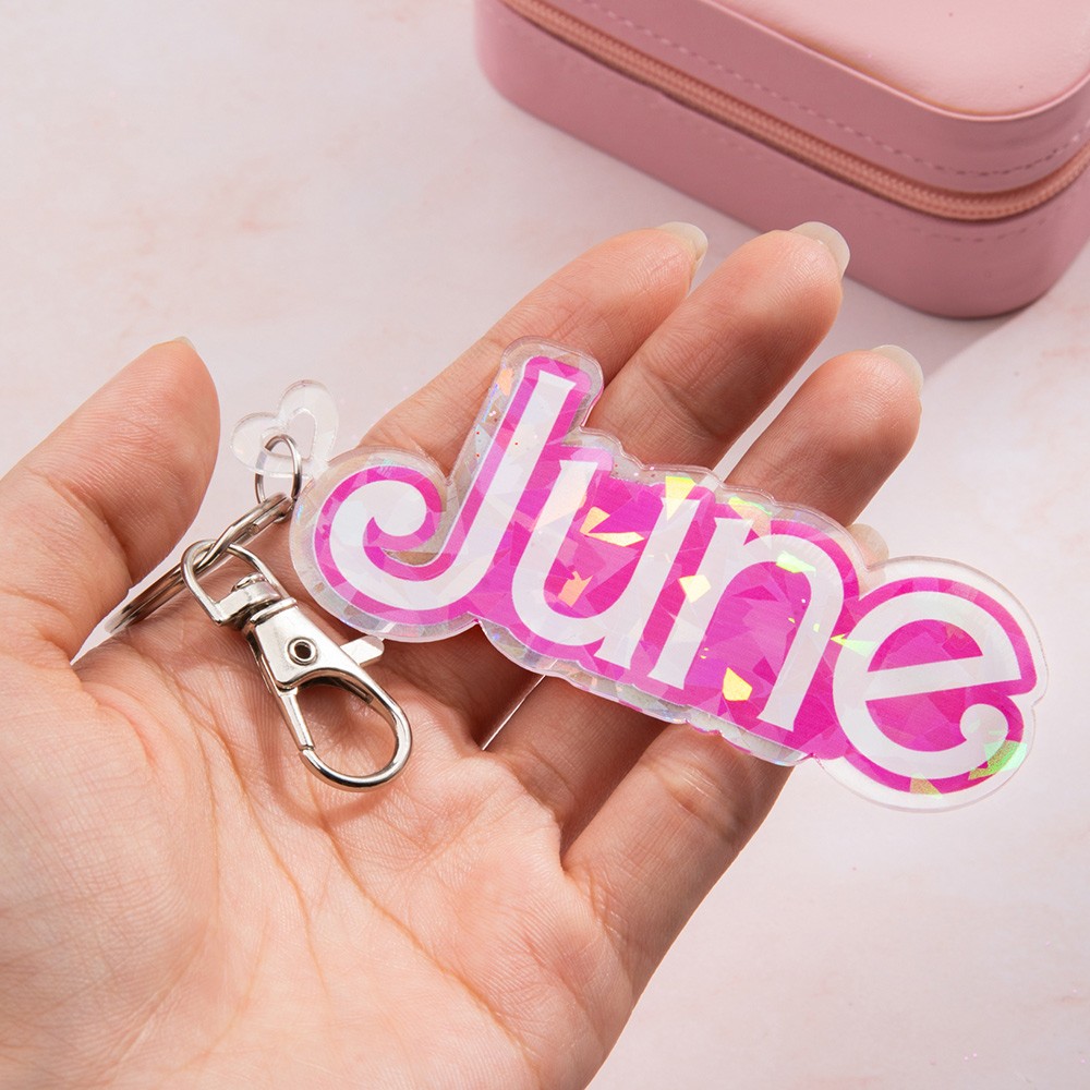 Custom Pink Name Acrylic Keychain, Let's go Party, Custom Name Keychain