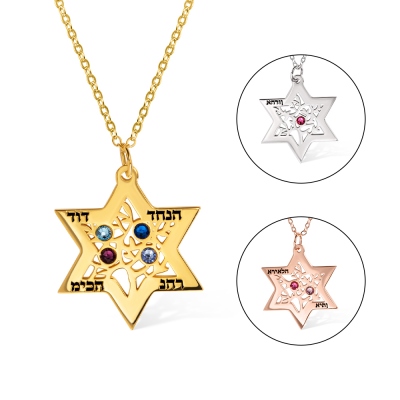 Personifierat Tree of Life Star of David Halsband, hebreiska namn och födelsestenar Magen David Halsband, Judaica smycken, judisk present till mamma/fru/mormor