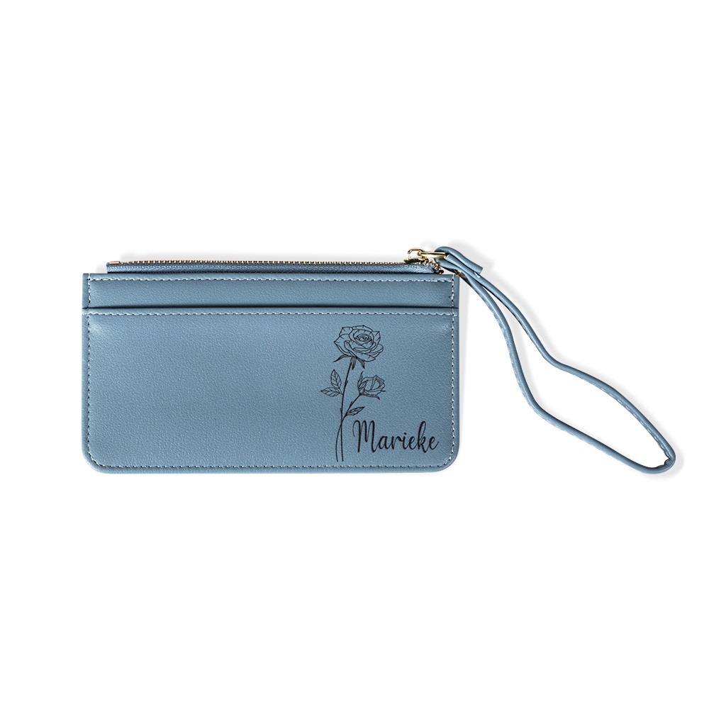 Personalized Birth Flower Zipped Card Holder with Name, Monogram Vegan Leather Coin Purse, Women's Wallet, Mother's Day/Bridesmaid Gift for Women