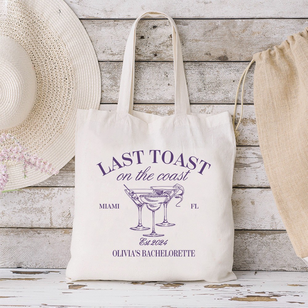 Personalized Last Toast On The Coast Canvas Tote Bag with Text Wedding Beach Bachelorette Party Gift for Bridesmaid