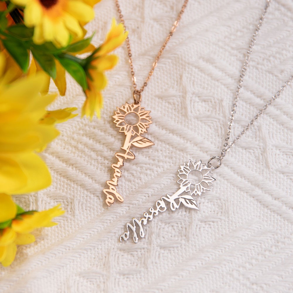 Personalisierte Namenskette mit Sonnenblumenmotiv, exquisite Namenskette, Blumenschmuck, Geburtstags-/Muttertagsgeschenk für Frauen