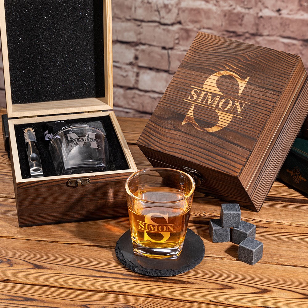 Personalized Engraved Monogram Whiskey Glass Set with Whiskey Stones ...