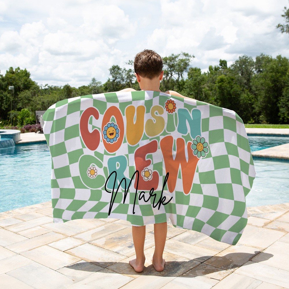 Personalized Name Cousin Crew Colorful Plaid Beach Towel, Perfect for Family Outings