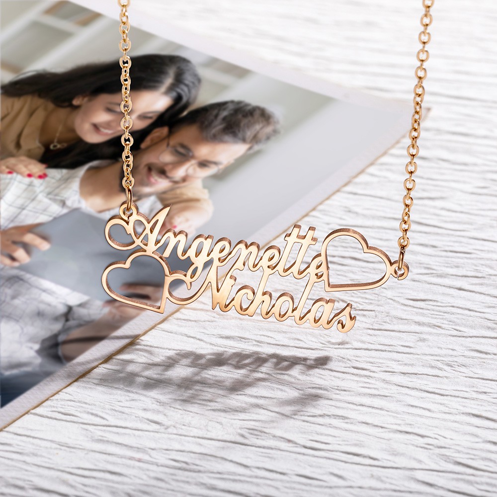 Personalized Two Names Necklace with Double Heart,Friendship Necklace, Family Necklace, Birthday Mother's Day Anniversary Gift for Women