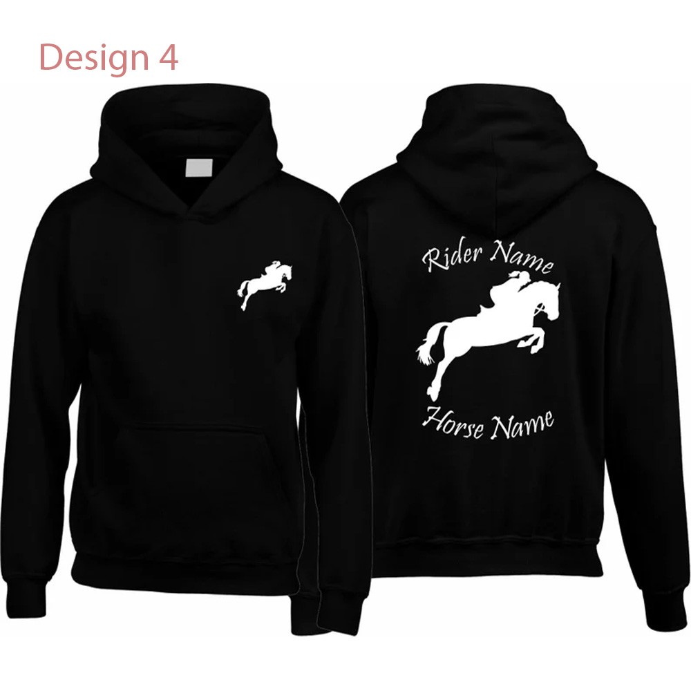 Personalised Names Horse Hoodie, Unisex Horse Hoody Jumping Design Hoodie, Jockey Rider Jumper, Equine Xmas Present Top, Birthday Gift for Adults/Kids