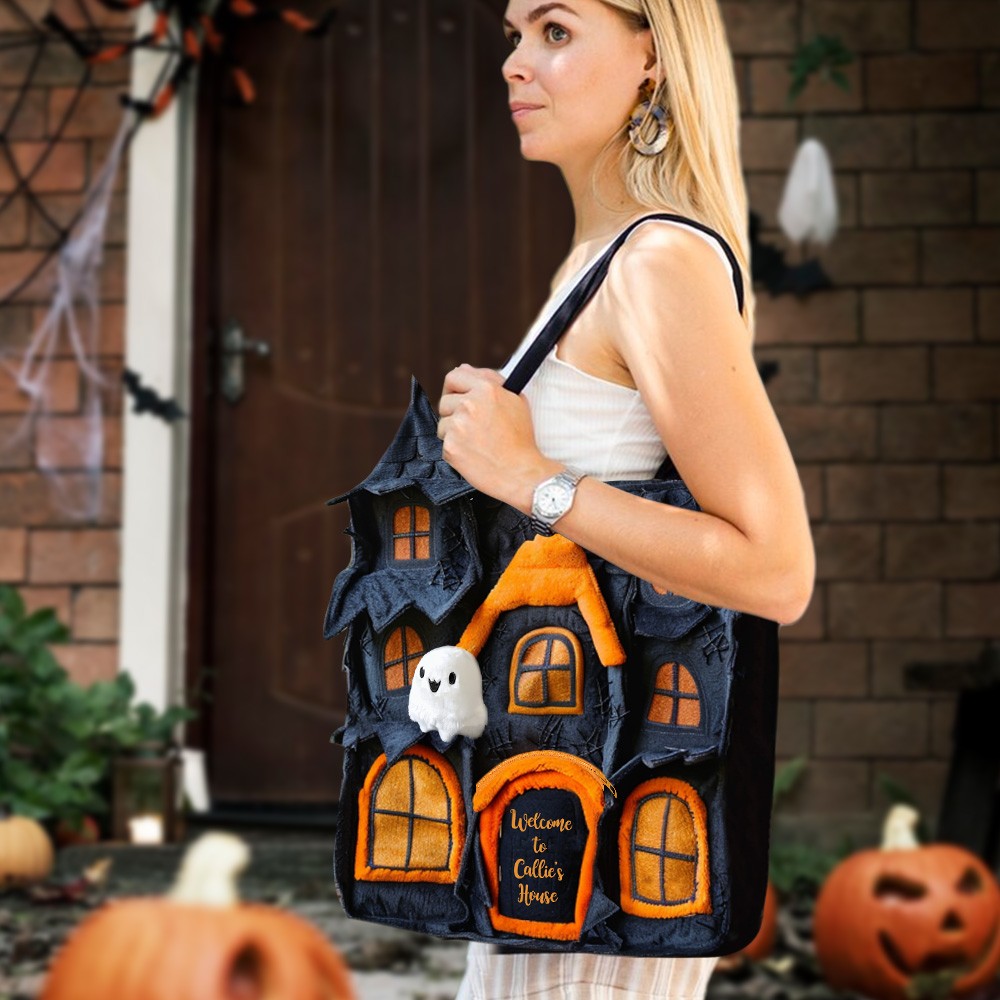 Personalized Halloween Accessories Cute Spooky House Tote Bag with Coin Purse and Plush Pendant Halloween Gift for Her Girls