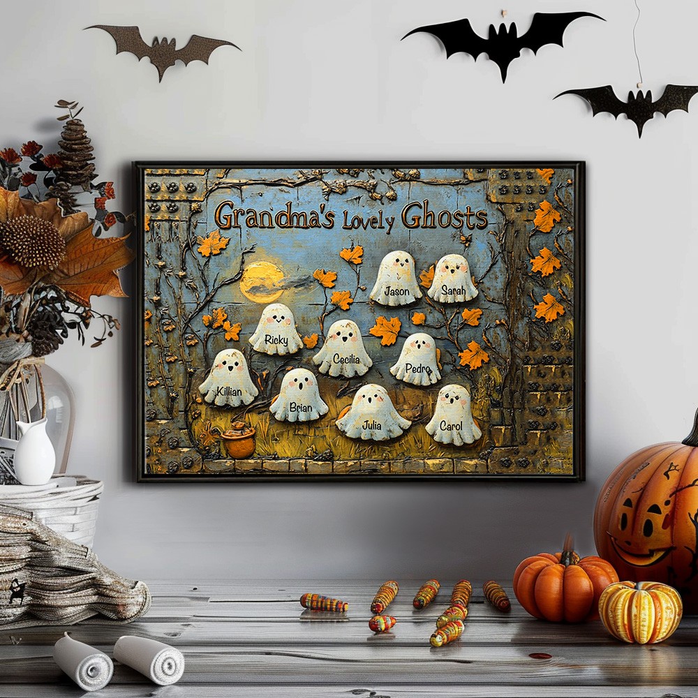 Personalized Title "Grandma's Lovely Ghosts" Halloween Horizontal Poster, Custom Family Names Ghost Decor for Spooky Season