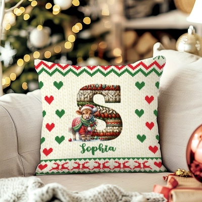 Custom Name & Initial Christmas Animal Design Throw Pillow, Knitted Letter Pattern Pillowcase with Optional Insert, Christmas Gift for Family/Kids