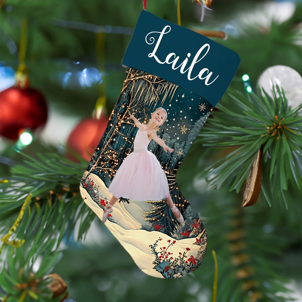 Personalized Ballet Girl Photo Christmas Stocking with Fairyland Background, Custom Name and Picture, Festival Fireplace Hanging Decoration, Christmas Gift for Girls