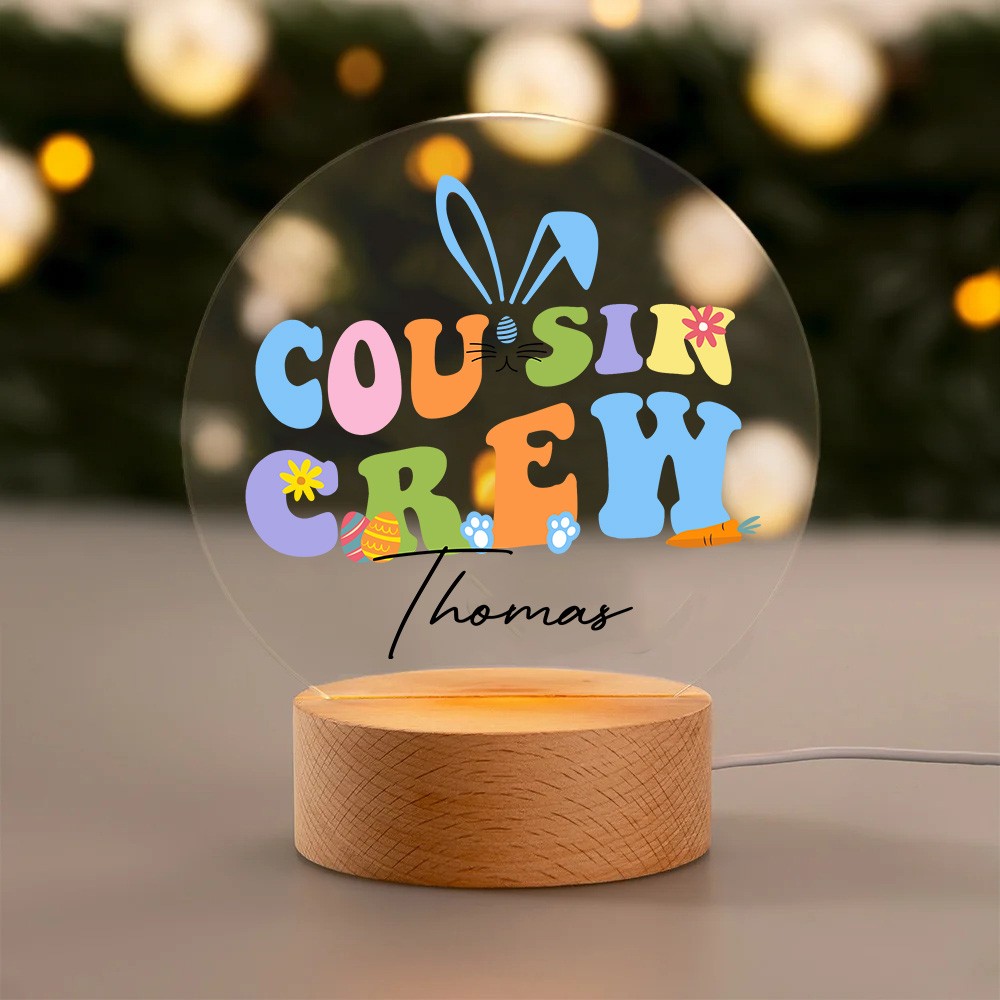 Customizable Easter Cousin Crew Night Light, Personalized LED Lamp with Names and Wooden Base