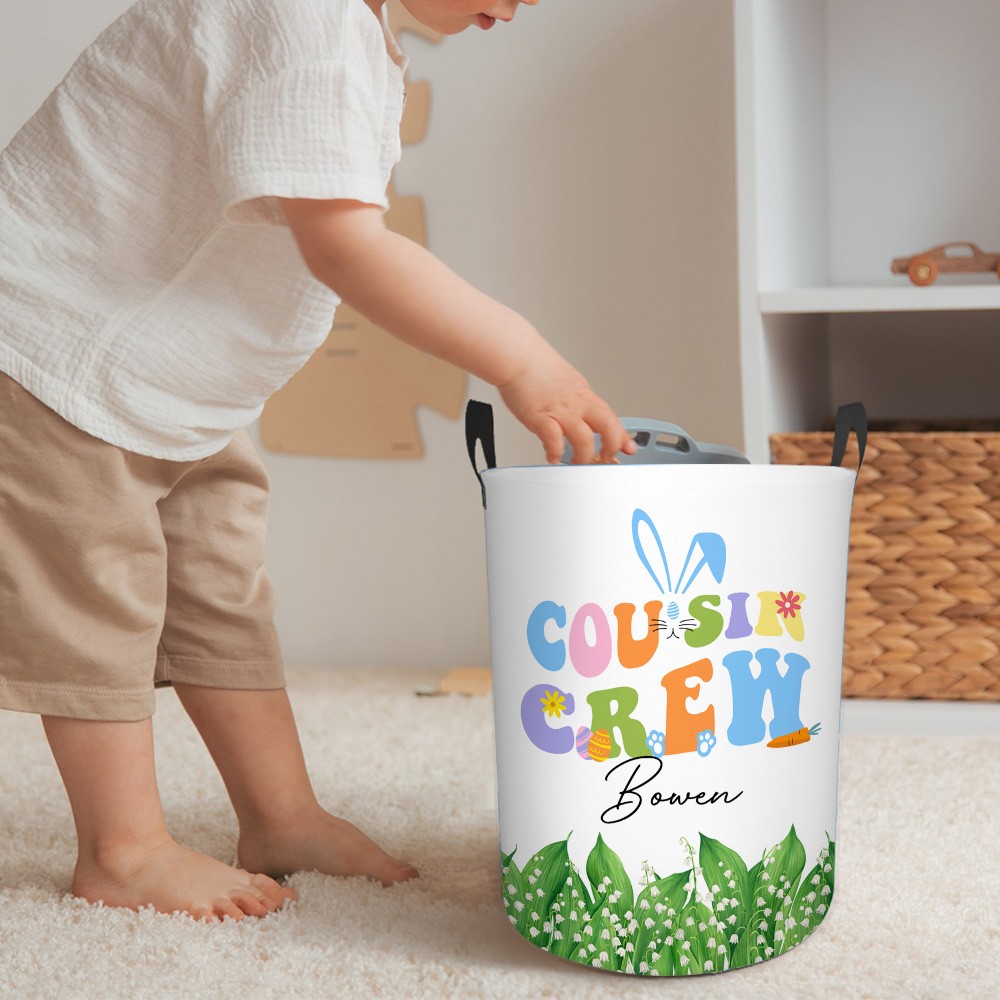 Personalized Cousin Crew Easter Laundry Basket Custom Name, Multicolor Durable Hamper for Clothes, Foldable Storage Bin for Family