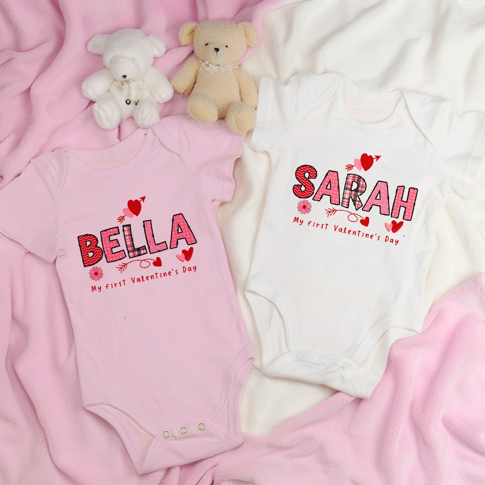 Personalized First Valentine's Day Long Short Sleeve Cotton Baby Onesie with Name, Cute Valentine's Day Gift for Newborn Infant Baby