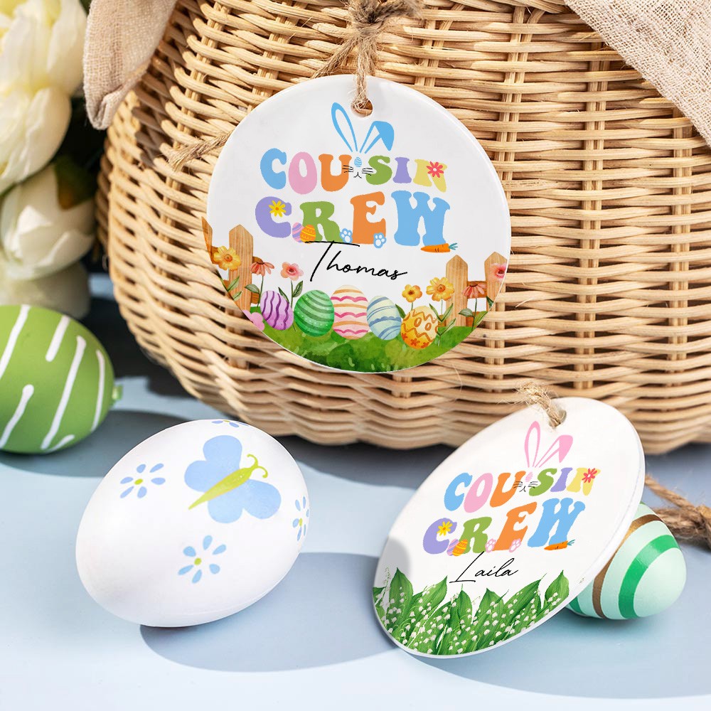 Personalized Cousin Crew Easter Ceramic Ornament Custom Name, Multicolor Easter Hanging Decoration for Family, Gift for Kids and Relatives