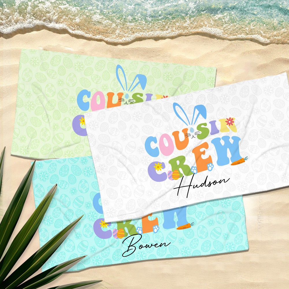 Personalized Cousin Crew Easter Beach Towel Custom Name, Multicolor Towel for Family and Kids