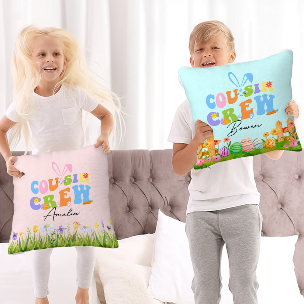 Personalized Cousin Crew Easter Pillow Custom Name, Soft Easter Throw Cushion for Family and Kids, Holiday Decor and Gift