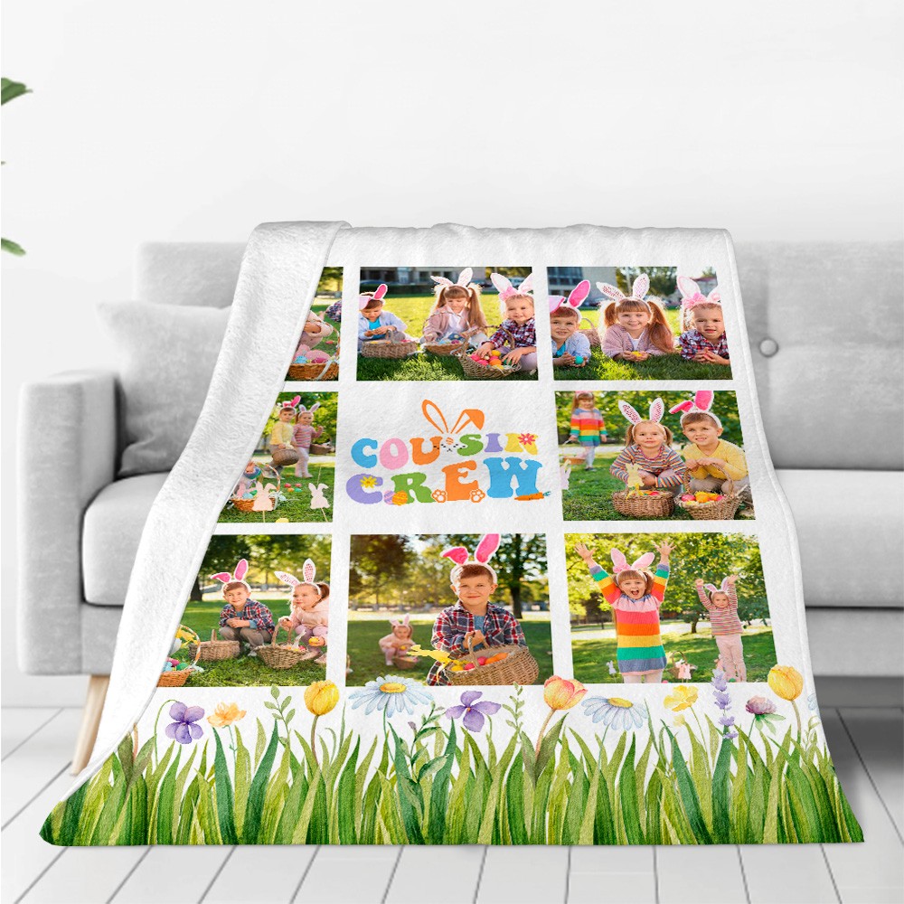 Personalized Easter Cousin Crew Photo Blanket, Soft and Cozy Easter Family Throw, Holiday Gift for Family and Kids