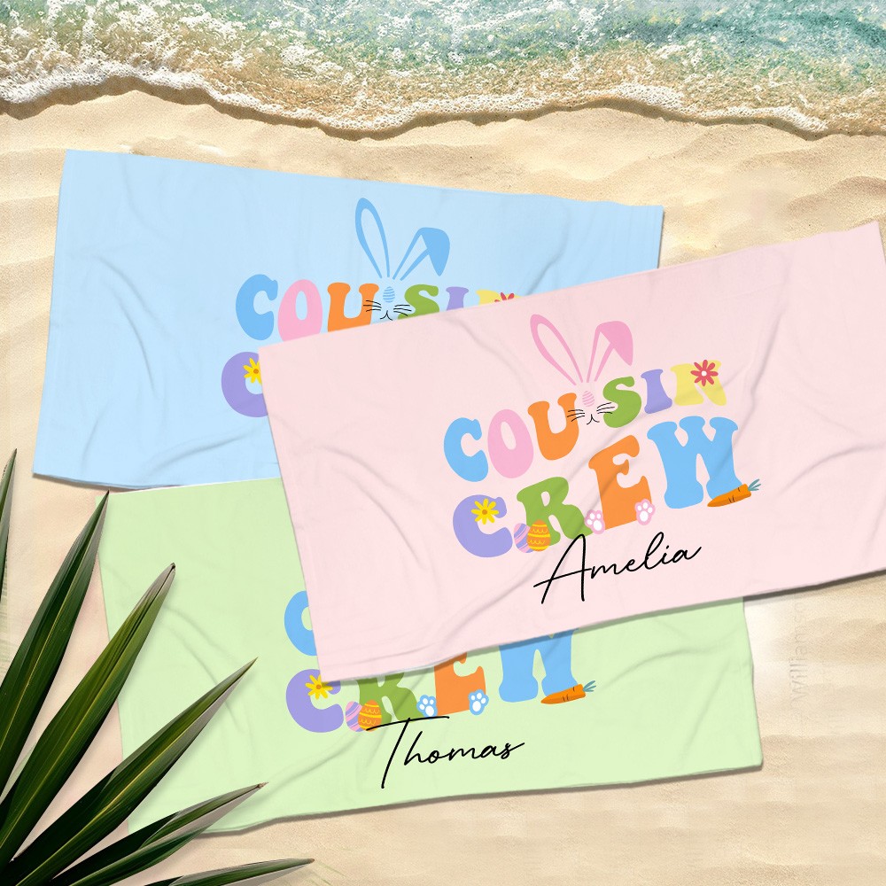 Personalized Cousin Crew Easter Beach Towel Custom Name, Multicolor Towel for Family and Kids