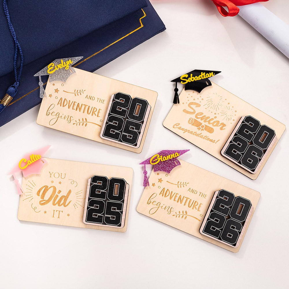 Personalized Name Graduation Money & Gift Card Holder, Custom Class of 2025 Graduation Cap Wood Card Box with Quote, Gift for Graduates/Students