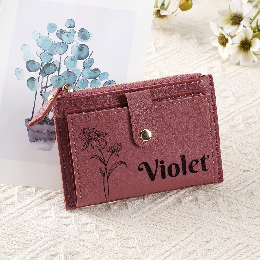 Mini Portefeuille En Cuir PU Personnalisé - Motif Fleur De Naissance, Fermeture éclair - Porte-monnaie Compact Pour Femme