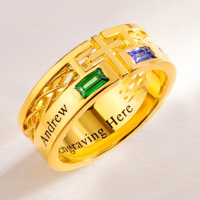 Personalized Engraved Cross Ring with Baguette Birthstones, Sterling Silver 925 Minimalist Men's Faith Ring, Birthday/Christmas Gift for Him/Husband