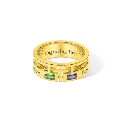 Personalized Engraved Cross Ring with Baguette Birthstones, Sterling Silver 925 Minimalist Men's Faith Ring, Birthday/Christmas Gift for Him/Husband