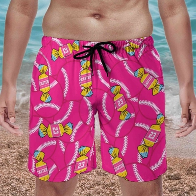 Candy Baseball Board Shorts – Colorful Sports Themed Swim Trunks for Men, Summer Beachwear Gift