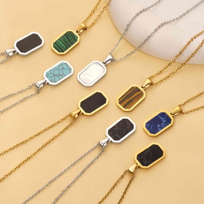 18k Gold Onyx Necklace Rec, 18K Gold Compass Necklace, Waterproof Necklace for Man, Stainless Steel Necklace, Gift For Man, Gift For Him