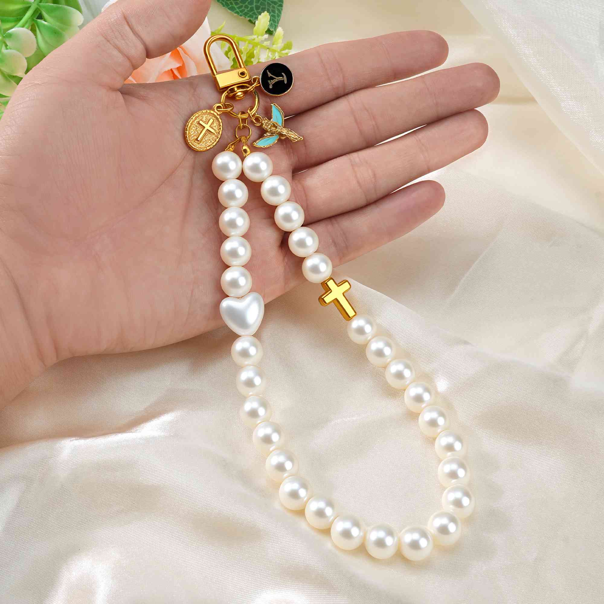 Personalized Angel Cross Pearl Keychain with Initial, Prayer