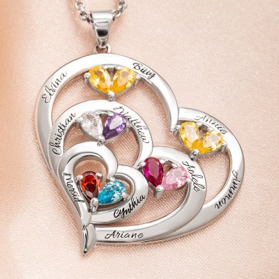 Personalized Engraved Family Necklace with 1-10 Heart-Shaped Birthstones and Names, Dainty Jewelry, Mother's Day/Christmas/Birthday Gift for Women