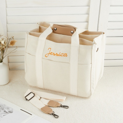 Personalized Embroidery Name Tote Bag, Canvas Multi-Pocket Large Capacity Crossbody Tote Bag, Nursing/Diaper/Shoulder Bag, Gift for Her/Mom/Women