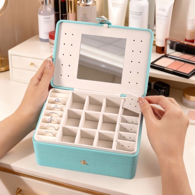 Custom Birth Flower & Name Travel Makeup Box, Multi-functional Makeup Mirror Box with Lights, Jewelry/Cosmetics Storage Box, Birthday Gift for Her