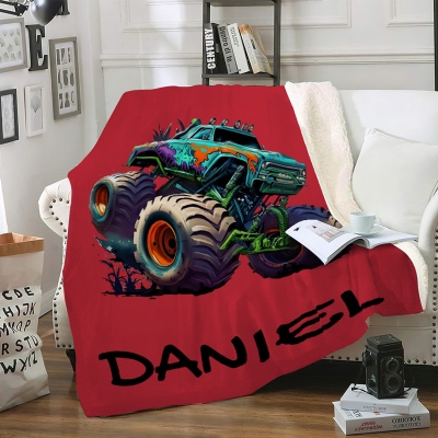 Personalized Name Monster Truck Blanket, Flannel/Sherpa Soft Bed Couch Throw, Bedroom Home Decor, Birthday/Christmas Gift for Kids/Teens/Boys