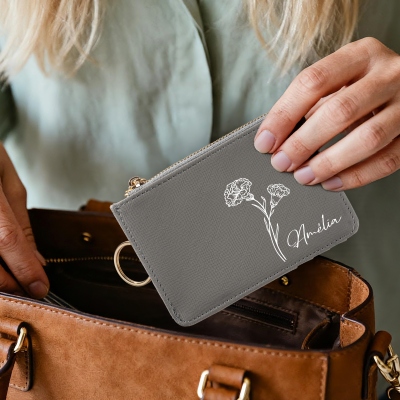 Personalized Birth Flower Zipped Card Holder with Name, Monogram Vegan Leather Coin Purse, Women's Wallet, Mother's Day/Bridesmaid Gift for Women