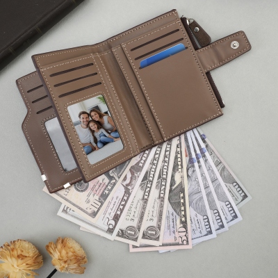 Personalized Foldable Photo Wallet with Name, Custom Vintage Leather Card Holder for Men, Father's Day/Birthday/Anniversary Gift for Dad/Boyfriend/Him