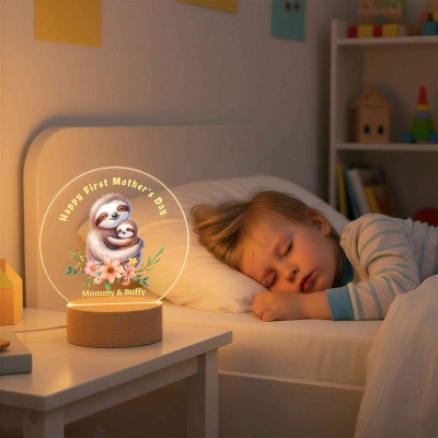 Custom Names Floral Animal Mama & Baby LED Night Light, First Mother’s Day Acrylic Night Lamp with Wooden Base, Mother’s Day Gift for New Mom/Newborns