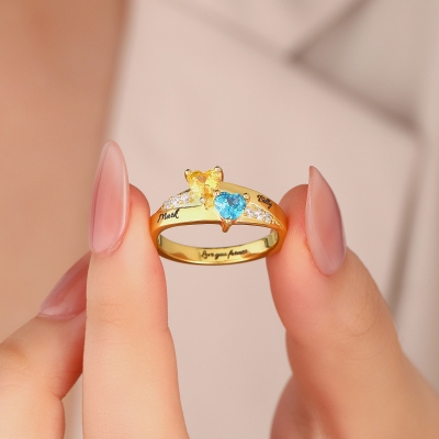 Engraved Double Heart Birthstone Ring Sterling Silver