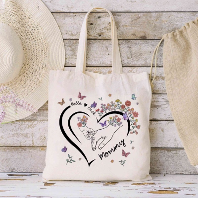 Personalized Floral Handprint Love Heart Tote Bag with Names, Large Capacity Canvas Daily Handbag, Birthday/Mother’s Day Gift for Pet Mom/Grandma/Her