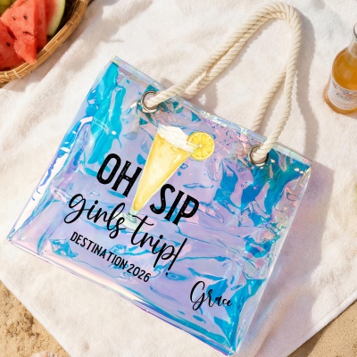 Custom Name Oh Sip Girls Trip Neon Color Tote Bag, Transparent PVC Beach Bag with Rope Handles, Travel Accessory, Vacation Gift for Besties/Girls