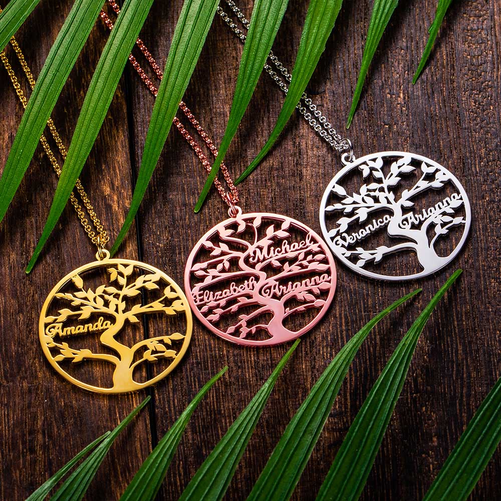 Tree Life Engrave Name Pendant Silver Round Link Chain Necklace Jewelry Fami