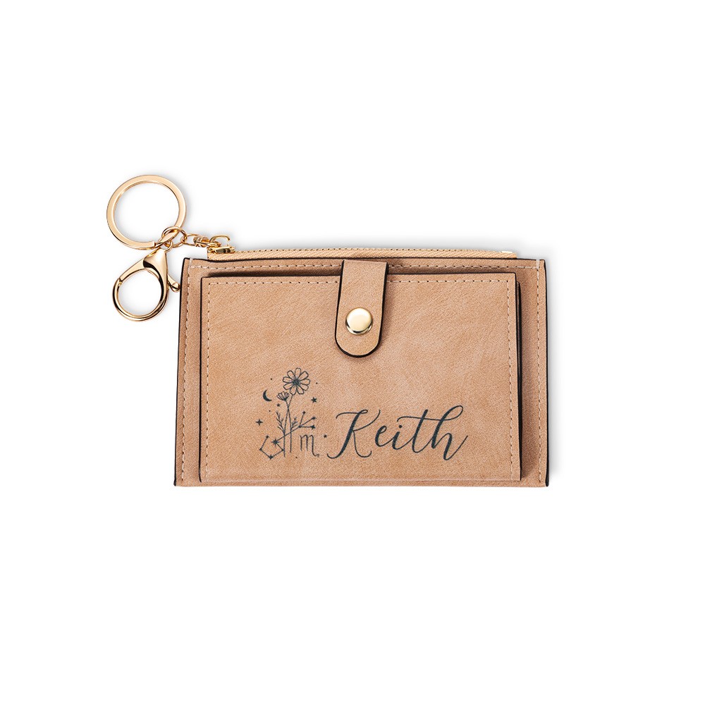 Mini portefeuille personnalisé en forme de fleur du mois du zodiaque avec nom, portefeuille en cuir PU avec porte-clés, porte-cartes, cadeau de fête des mères/Noël pour femme