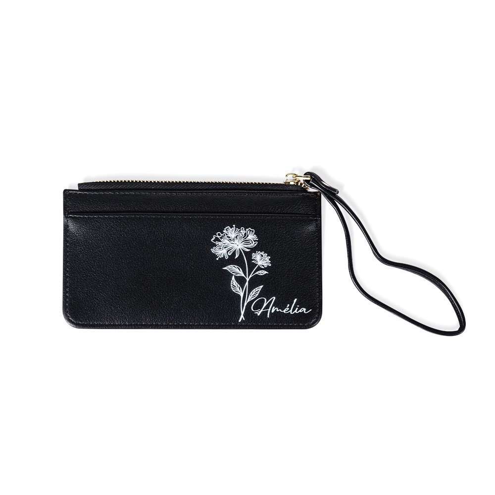 Personalized Birth Flower Zipped Card Holder with Name, Monogram Vegan Leather Coin Purse, Women's Wallet, Mother's Day/Bridesmaid Gift for Women