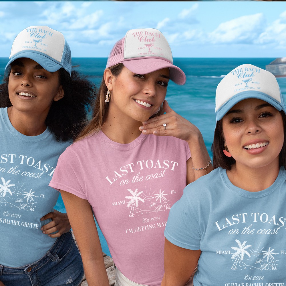 Personalized Last Toast On The Coast Bachelorette Club 100% Cotton T-shirt with Text Beach Bachelorette Party Gift for Her