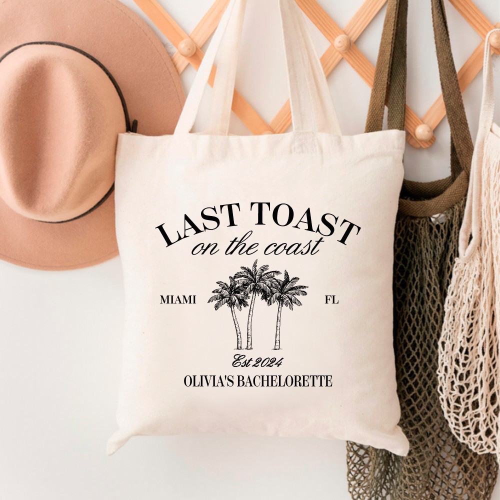 Personalized Last Toast On The Coast Canvas Tote Bag with Text Wedding Beach Bachelorette Party Gift for Bridesmaid