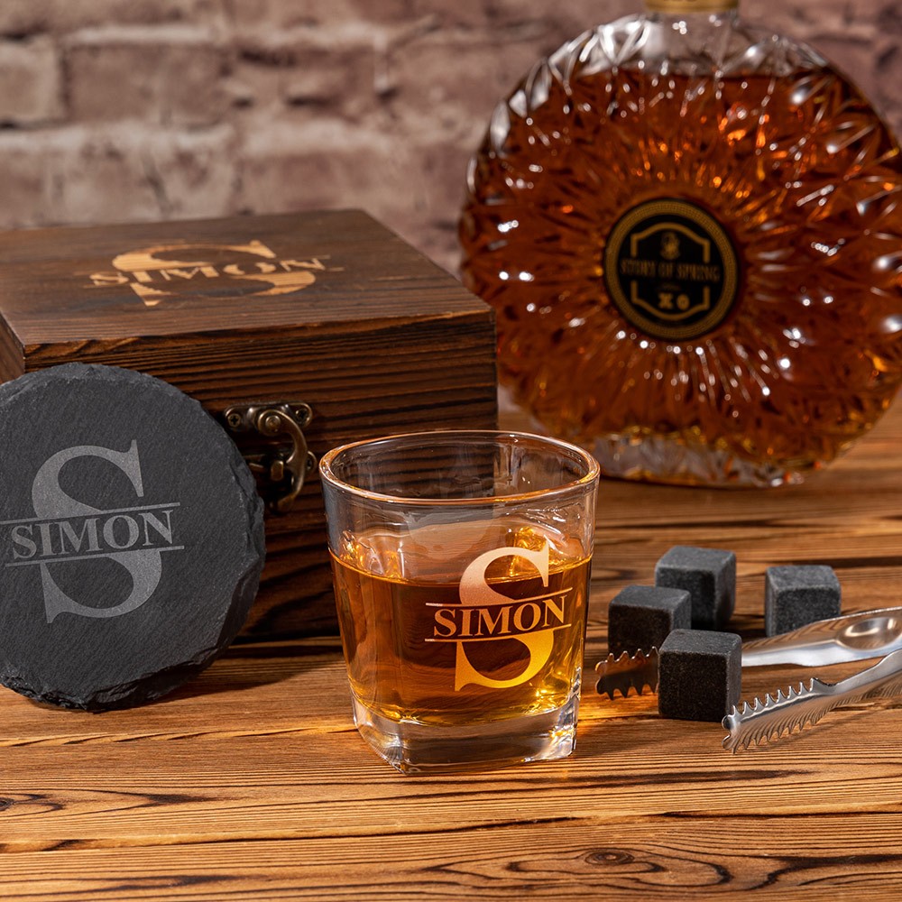 Personalized Engraved Monogram Whiskey Glass Set with Whiskey Stones and Wood Box, Alcohol Gift, Birthday Wedding Gift for Dad/Groomsmen/Whiskey Lover