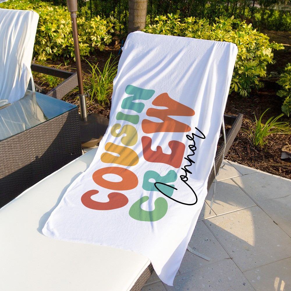 Personalized Name Cousin Crew Beach Towel, Perfect for Family Outings