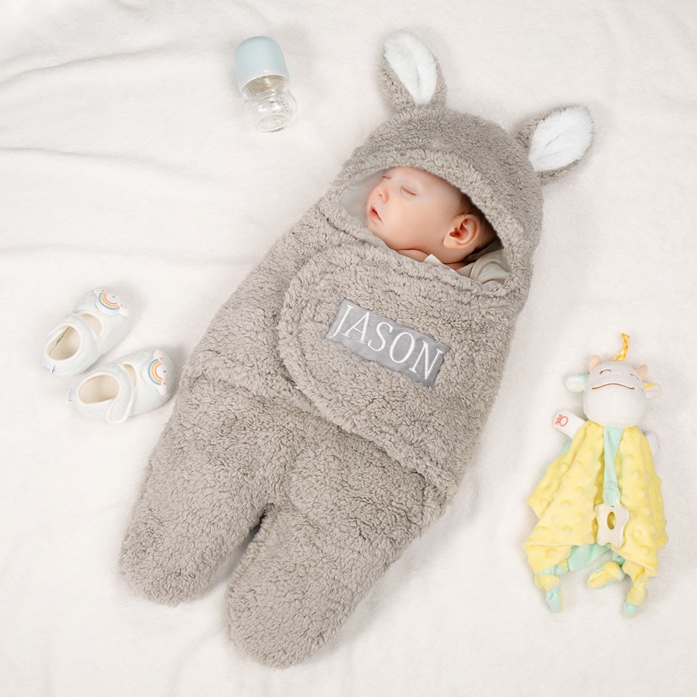 Personalized Name Bunny Baby Swaddle, Infant Sleeping Bag Blanket, Holiday Costume, Baby Shower Gift for Newborn