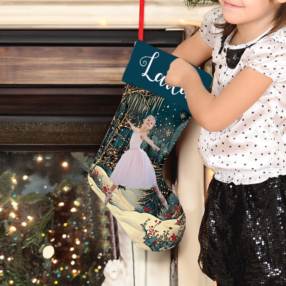 Personalized Ballet Girl Photo Christmas Stocking with Fairyland Background, Custom Name and Picture, Festival Fireplace Hanging Decoration, Christmas Gift for Girls