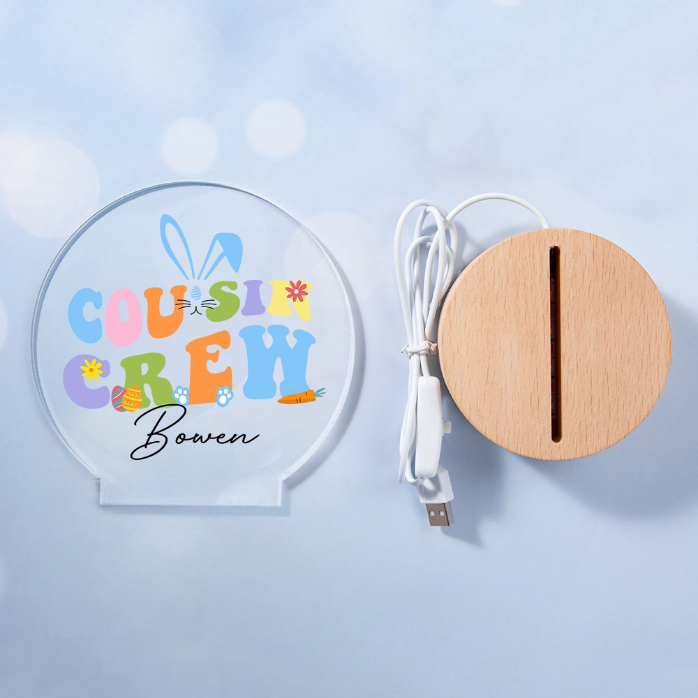 Customizable Easter Cousin Crew Night Light, Personalized LED Lamp with Names and Wooden Base