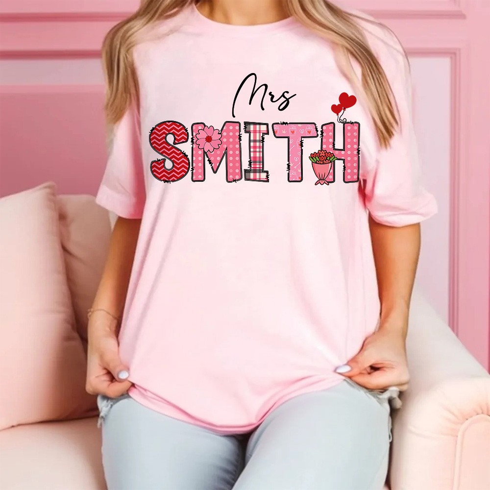 Customizable Name Teacher Valentine's Day T-Shirt and Sweatshirt, Personalized Love Heart Design Apparel for Educators, Cozy Gift for Teachers